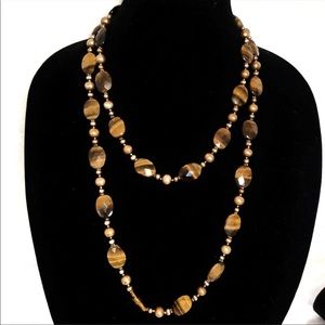 Long Tiger's Eye & Pearly Necklace